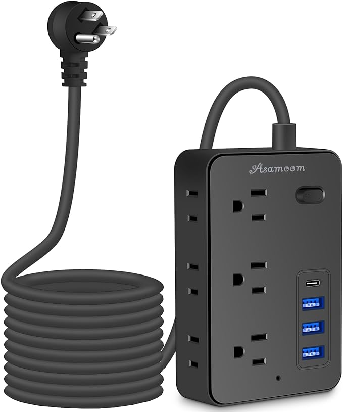 20FT Extension Cord with Multiple Outlets, Asamoom 20 ft Surge Protector Power Strip with 6 Outlets with 4 USB Ports(1 USB C)，Flat Plug with Long Cord 1700 Joules Protection for Home Office Black