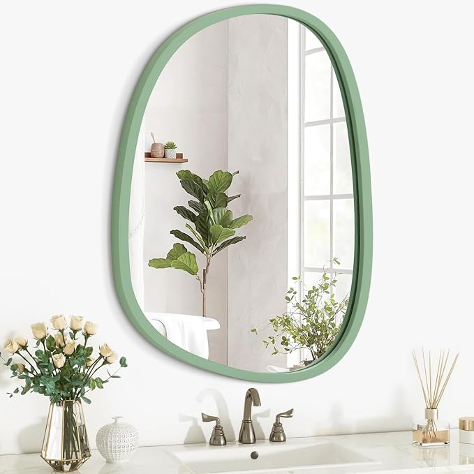 Asymmetrical Mirror for Wall Decor Green Modern Wooden Framed Wall Mirror Unique Shape Wall Mounted Vanity Artistic Mirror Decorative for Living Room Bedroom Bathroom Entryway Large 26"x18"