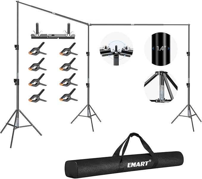 EMART Back Drop Adjustable Stand, 10x20 Backdrop Stand Heavy Duty Photography Background Support System Kit with 300° Angle Rotatable Connector and 8 Spring Clamps for Parties, Wedding, Photo Studio