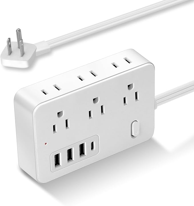 5FT Surge Protector Flat Extension Cord Flat Plug Power Strip, 6AC Outlets, 4 USB Charger(1 USB C Port), 1700 Joules Protection, Office Supplies, Dorm Room Essentials