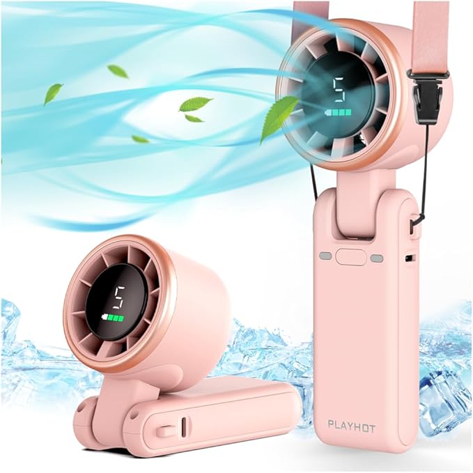 Portable Handheld Turbo Fan, 5-Speed Personal Fans, 5000mAh Rechargeable Fans Up to 12 Hours, Weight only 0.6lb Small Fan, Hand/Neck/Desk Fan 3 IN 1, Beach Vacation Essentials(Pink)