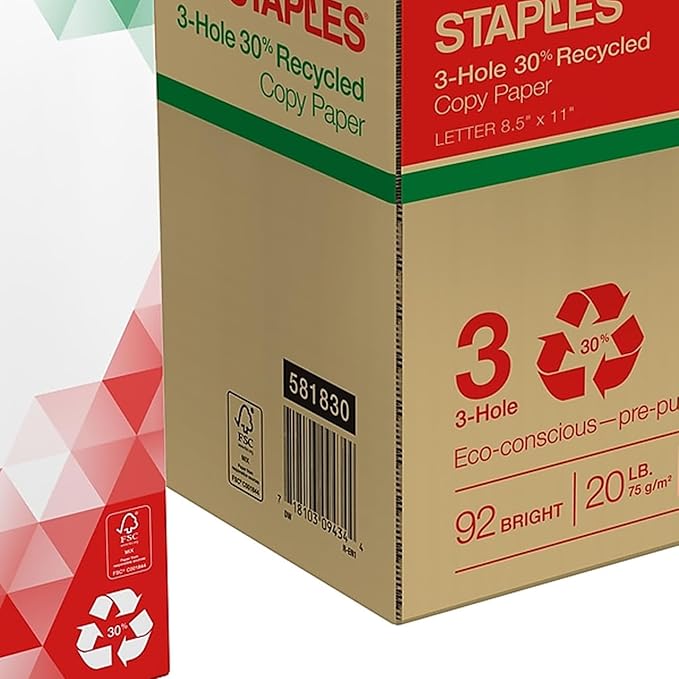 Staples Recycled 8.5 x 11-Inch, 3-Hole Punched Copy Paper 20 lb 92B 500/RM 10 RM/CT