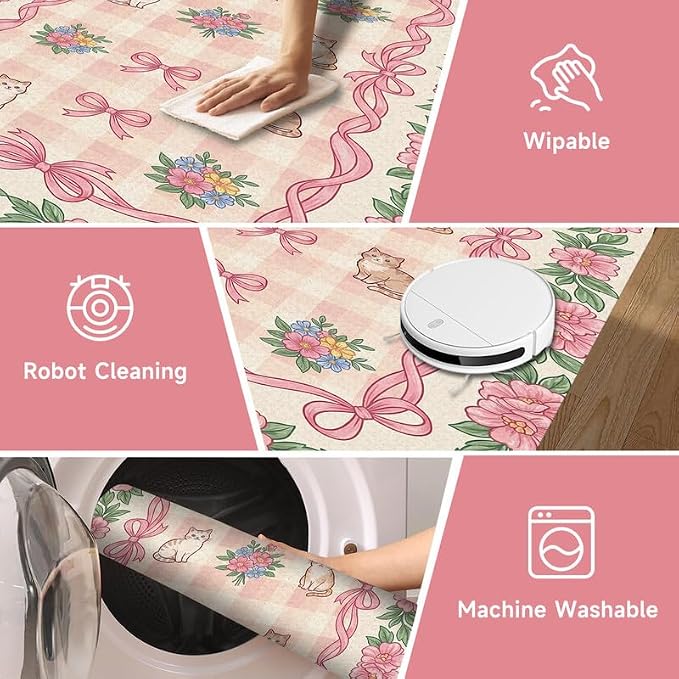 4'x6' Cat Floral Area Rug Pink Bow Flower Carpet Washable Rug Cute Cartoon Boho Floor Mat for Bedroom Living Room Nursery Playroom Classroom Home Decor