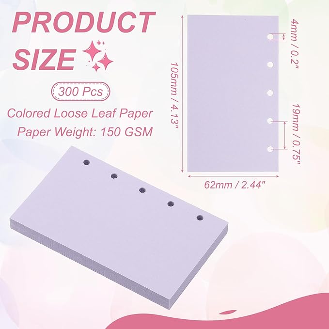 PATIKIL Colored Loose Leaf Paper, 4.1" x 2.5"(A8) 300 Sheets 5 Holes Punched 150GSM Blank Binder Refill Paper Supplies for Office Note Taking Teacher Planner Journal Notebook, Purple