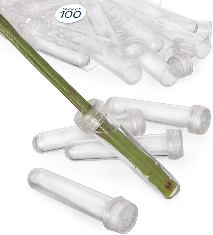 Royal Imports Floral Water Tubes with Caps – 3" Clear Plastic Flower Vials for Single Stem Roses, Buds, Bouquets – Standard Style, 1/2" Opening – 100 Pack