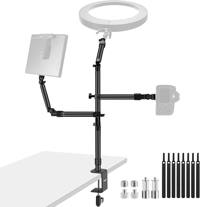 NEEWER Overhead Camera Desk Mount Rig Stand with 2 Boom Arms for Photography Devices: Video Light Ring Light Phone Mount Webcam Mic Compact DSLR for Home Office Studio Live Streaming Broadcast, ST008