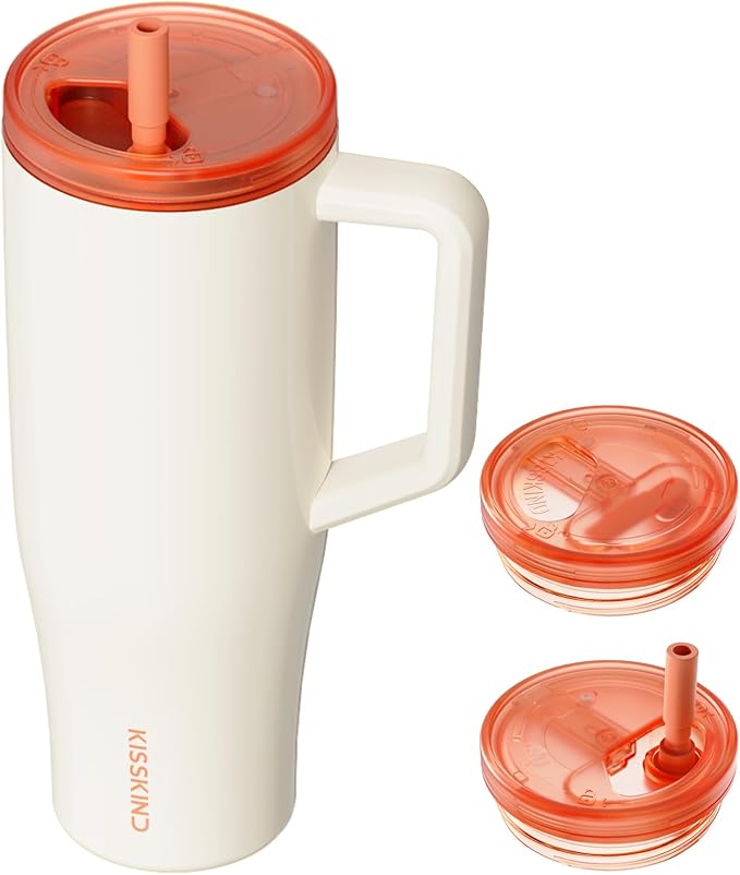 KISSKIND 40 oz Lumispin Tumbler with Handle and Hidden Straw, 100% Leak Proof Water Cup with Handle, Insulated Water Bottle for Travel, Mom, Nurse, Teacher, Student, Velvety Cream