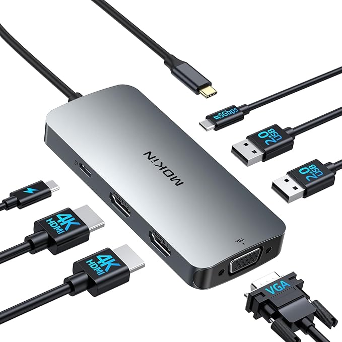 USB C Docking Station Dual Monitor, 7 in 1 USBC to Dual HDMI Adapter, USB C Hub with 2 HDMI, VGA, 100W PD, 3 USB, Multiport Adapter for Dell HP Lenovo Surface MacBook Laptop