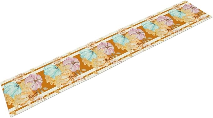Watercolor Pumpkin Table Runner Rustic Farmhouse Autumn Plants Colorful Leaves Pastoral Harvest Theme Home Decor for Farmhouse Indoor Outdoor Party Holiday Dining Kitchen Restaurant Cafe W13xL120in
