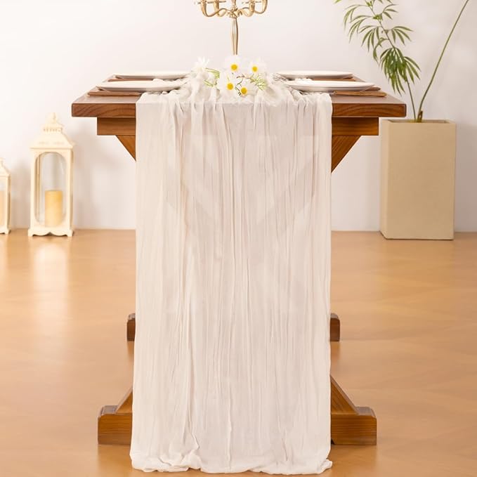 Socomi 3pcs Ivory White Cheesecloth Table Runner Fall Thanksgiving Boho Rustic Gauze 120 inch 10FT Cheese Cloth Runner for Wedding Party Baby Shower Birthday Home Decor Holiday Decorations