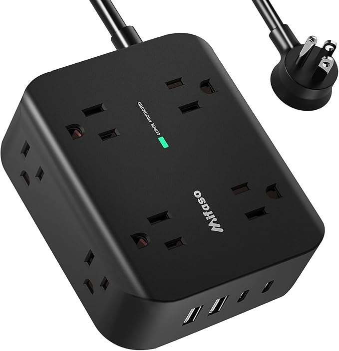 Power Strip Surge Protector - Flat Plug, Wall Mount, 6FT Extension Cord with Multiple Outlets, 8 Wide Outlets with 4 USB Ports (2 USB C), Charging Station Overload Protection Home Apartment Essentials