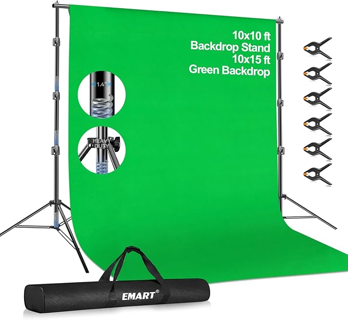 EMART 10 x 10ft Green Screen Backdrop Kit with Tripod Stand, Photography Background Support System with 10 x 15ft 100% Cotton Muslin Chromakey Backdrop for Photo Studio, Video Shooting, Live Streaming