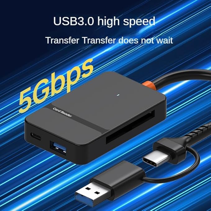 High-Speed 8-in-1 USB 3.0/USB-C OTG Card Reader - 104MB/s CF/SD/TF/MS Adapter with Dual Ports & LED | Mac/PC/Android