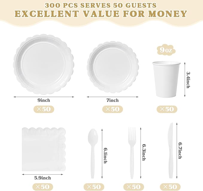 Vyntra 350 PCS Disposable Plates for Party, Paper Plates & Napkins Set with Cups, Knives, Forks, Spoons, 7'' Dessert and 9'' Dinner Plates for Wedding, Birthday, New Year’s Eve, Christmas - White