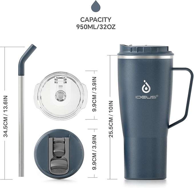 Ideus 32 oz Tumbler with Handle and Straw, Vacuum Insulated Stainless Steel Travel Mug, 100% Leakproof, Cup Holder Friendly, Navy Blue