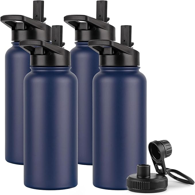 DOMICARE 32 oz Insulated Water Bottle Bulk, Vacuum Insulated Stainless Steel Sports Water Bottle with Straw Lid & Spout Lid, Leakproof, Reusable - Travel, Camping, Bike, Navy Blue (4 Pack)