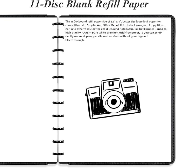 (3-Pack) Letter Size Blank Refill Paper, 11-Disc Discbound Blank Paper, 300Sheets / 600Pages TUL Blank Filler, 100gsm, White, 8.5'' x 11''