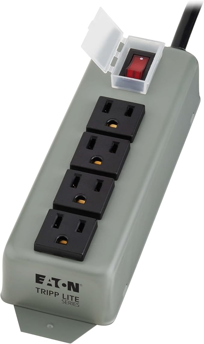 Eaton Tripp Lite series 4-Outlet Heavy Duty Power Strip, Metal, Mountable (Wall Mount & Under Desk), 6ft Extension Cord, On/Off Switch Cover, Industrial Garage Shop Work Bench Applications (UL603CB-6)