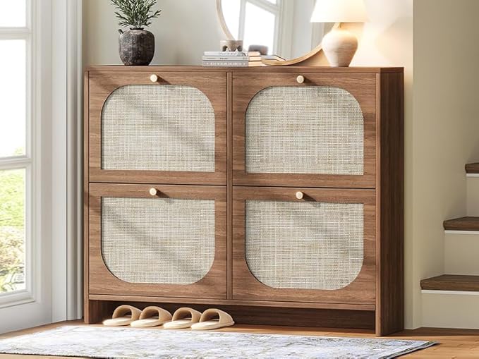Nicetree Freestanding Ultra Slim Arched Rattan Accent Shoe Storage Cabinet for Entryway - 4 Flip Drawers & 3-Tier Adjustable Shelves, Farmhouse Modern Rustic Shoe Rack for Hallway, Foyer Oak