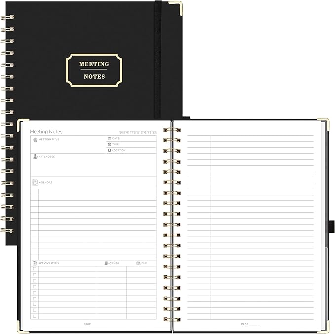 EMSHOI Meeting Notebook for Work - B5 Half Meeting Half Note Planner, 100 Pages, 100GSM Thick Paper, Hardcover, Project Organizer for Women Men Office, Business, Note Taking, 8"x10.2" - Black