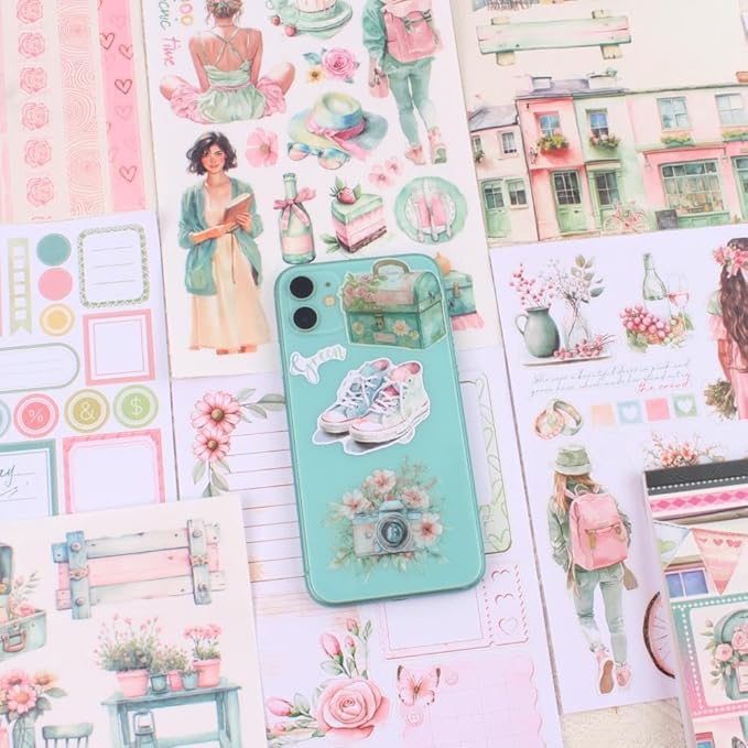 Dwpetzo Breezy Holiday Scenery Pre-Cut Journal Sticker Book for Women Journaling, Assorted Materials Paper PET Washi Stickers for Scrapbooking, Junk Journal Supplies, Planner, Collage, Crafts Arts