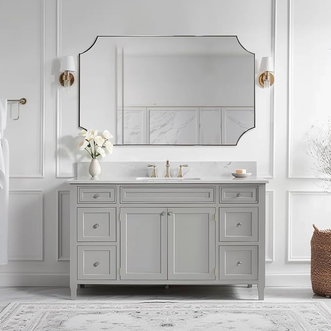 ANDY STAR Brushed Nickel Mirror 30x48 Inch, Large Scalloped Bathroom Mirror, Anti-Rust Stainless Steel Metal Thin Frame Deep 1’’, Unique Rectangle Mirror Hangs Vertically or Horizontally