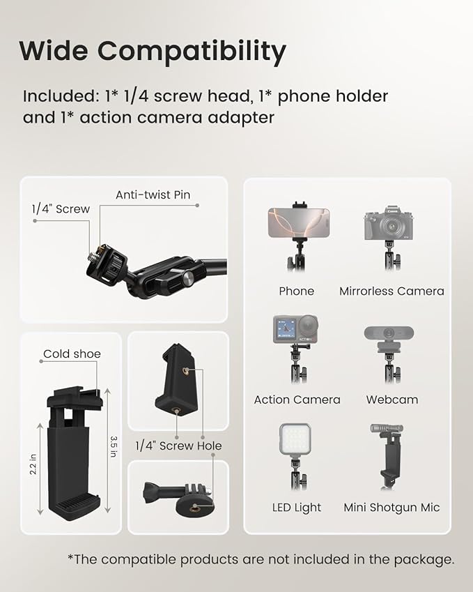 CAMBOFOTO 33" Magic Arm w Desk Clamp, Overhead Camera Mount, Desk Phone Mount, Articulating Extra-Long Friction Boom Arm w 1/4" Screw, for Phone, Mic, Light, Webcams, Action Camera (Light Black)