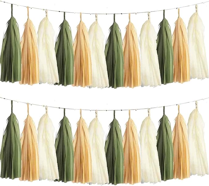 We Moment Sage Green Cream Khaki Tissue Tassel Garland for Neutral Baby Shower Nursery Classroom Decorations，DIY Kits,15PCS
