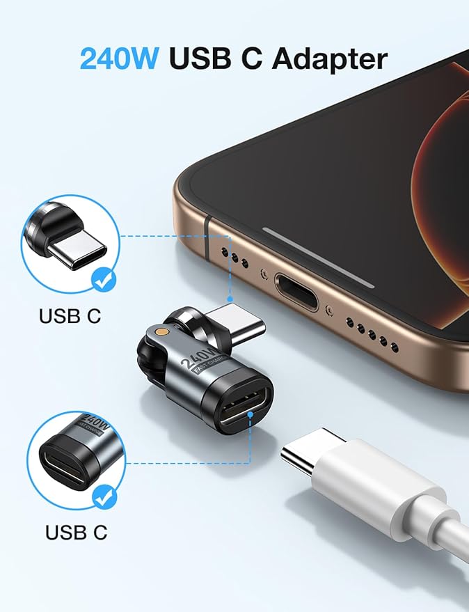 USB C Adapter [2-Pack], PD 240W USB C 90 Degree Adapter, USB Type C Right Angle Adapter/360 & 180 Degree C to C Adapters for Phone 17/16/15, MacBook Pro/Pad Series, Samsung Galaxy, Tablet, Laptop