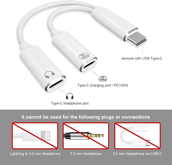 USB C Splitter，2 in 1 USB C Headphone and Charger Adapter Audio Dongle Cable with PD 100W for iPhone 16 15 Pro Max, Pixel 9 8 7, Galaxy S24 S23 S22, iPad Pro (White)