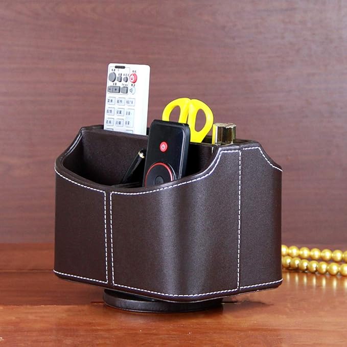 RHCSZ PU Leather Remote Control Holder 360 Degree Spinning Desk Organizer Storage Box for Remote Caddy,TV Guide, Mail, Electronics, Pen,Stationery and Media Storage (Brown)