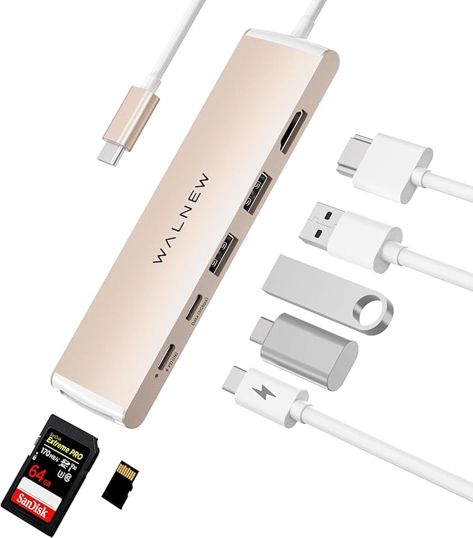 WALNEW 7 in 1 USB-C Hub with 4K HDMI,100W PD,5Gbps Data Port(1 Type-C & 2 USB 3.0),SD/TF Reader, Thunderbolt 4 Dock Multiport Adapter for MacBook Pro Air,Mac,iPad 10/Mini 6,Surface (Starlight)