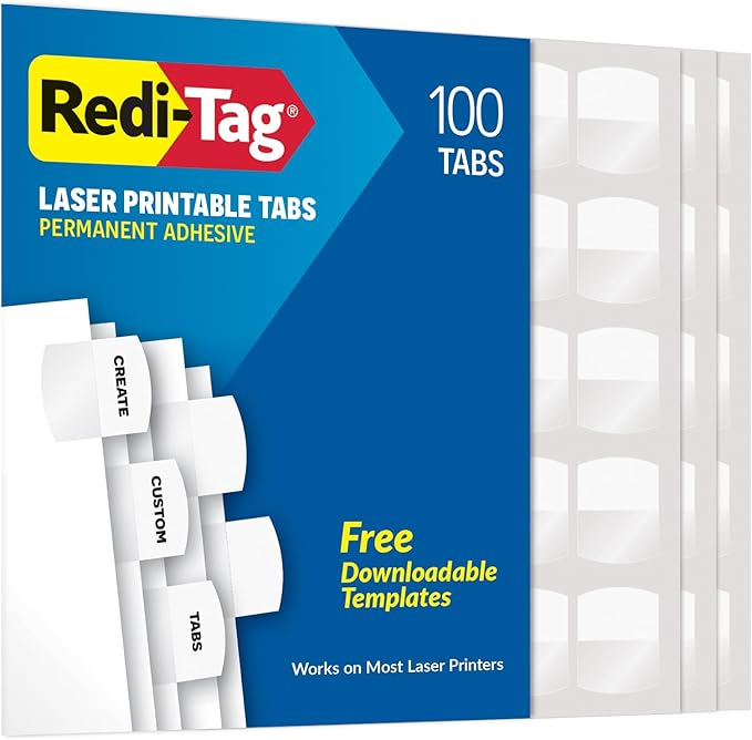 Redi-Tag Products - Redi-Tag - Laser Printable Index Tabs, 1 1/8 in, White, 100/Pack - Sold As 1 Pack - Create permanent professional-quality indexes. - Sturdy plastic self-adhesive tabs attach to any page. - Templates compatible with Windows version o...