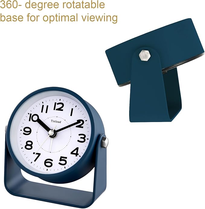 Tinload Analog Alarm Clock for Bedroom, Silent Non-Ticking Quartz Movement, Battery Operated with Snooze & On-Demand Light, Bedside Desk Table Clock, Ideal for Home,Office (Blue)