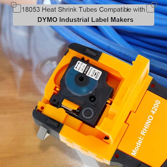 Rhino 5200 Heat Shrink Tube Labels 9mm Replacement for Dymo Rhino Industrial Heat-Shrink Labels 3/8" Tube 18053 Black Print on White Compatible with Dymo 4200 5200 5000 6000 Label Maker