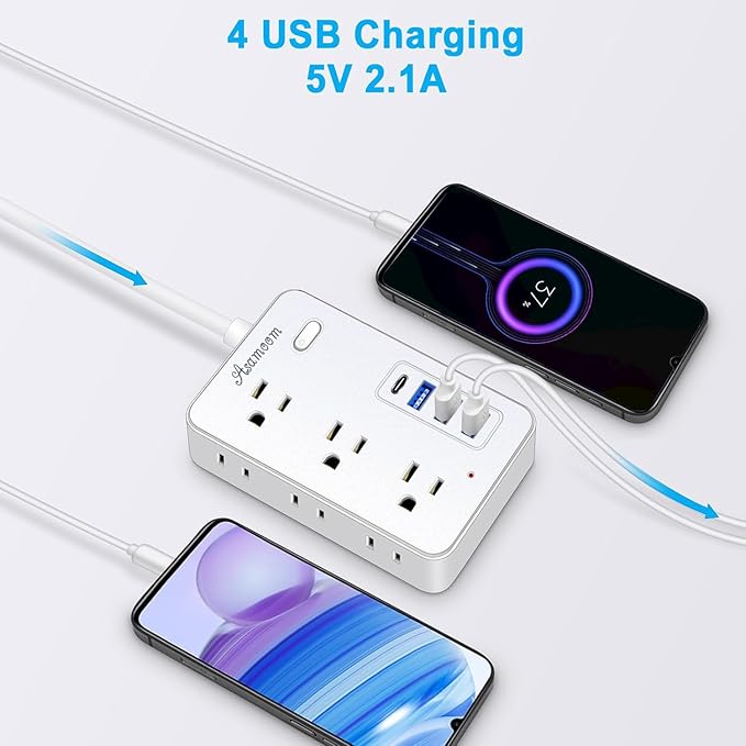 20 FT Extension Cord with Multiple Outlets, Asamoom 20 ft Surge Protector Power Strip with 6 Outlets with 4 USB Ports(1 USB C)，Flat Plug with Long Cord 1700 Joules Protection for Home Office White
