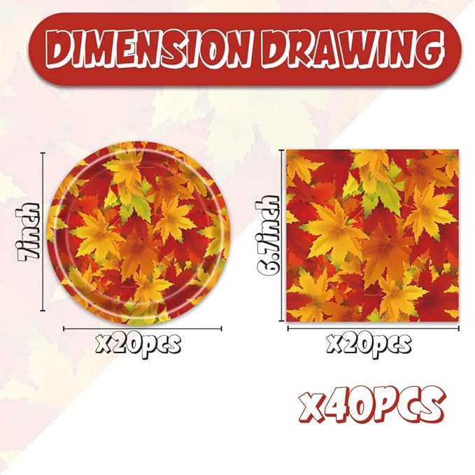 40Pcs Thanksgiving Day Party Supplies for 20 Guests - Fall Leaves Thanksgiving Day Autumn Plates and Napkins for Baby Shower Harvest Birthday Party Decorations