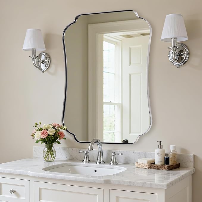 ANDY STAR 30"x40" Chrome Bathroom Mirror, Decorative Scalloped Shape Wall Mirror with Stainless Steel Frame, Modern Wave-Edge Design for Vanity, Hallway, Lounge Decor