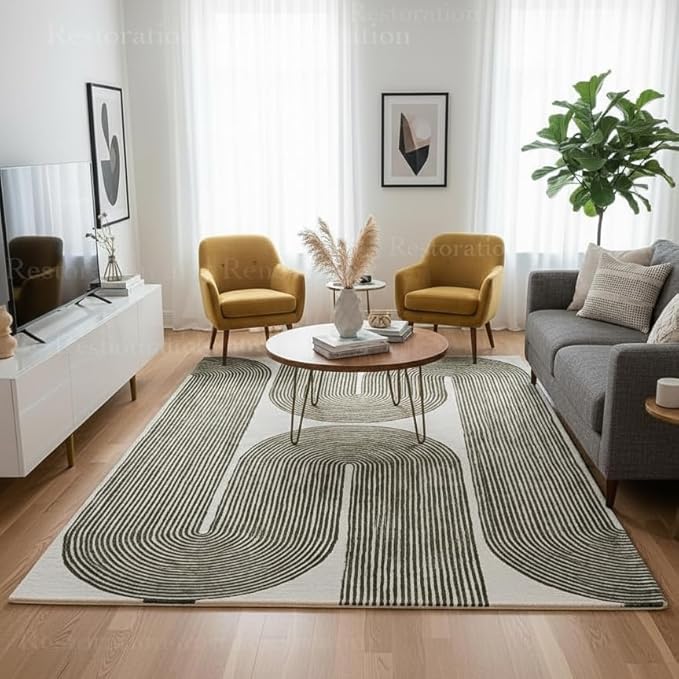 Modern Handmade Wool Area Rug, Abstract Curved Line Geometric Carpet for Living Room Bedroom, Contemporary Tufted Indoor Rug with Soft Pile and Cotton Backing (Olive, 5' x 7')
