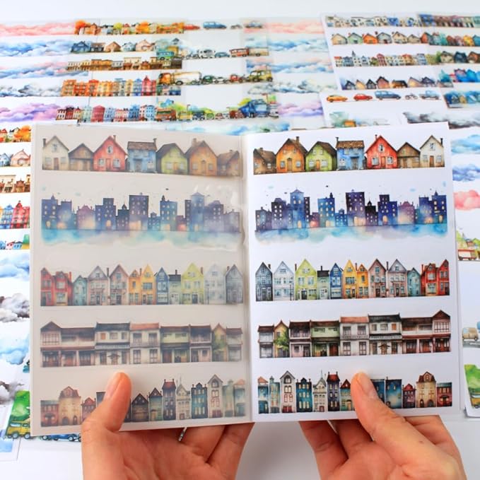 20 Sheets City Landscape Pre-Cut Journal Stickers Book for Journaling, Scrapbooking, Dual Transparent PET and Washi Stickers for Adults Junk Journals, Bujo, Collage, Planner, Album