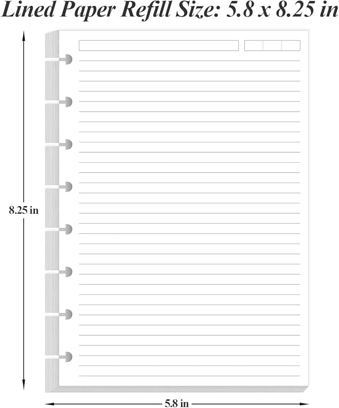 Junior Size Lined Refill Paper - A5 Note-Taking System 8 Disc Discbound Refill Pages, 100Sheets / 200Pages Loose-Leaf Paper, 100gsm, White, 5.8" x 8.3"
