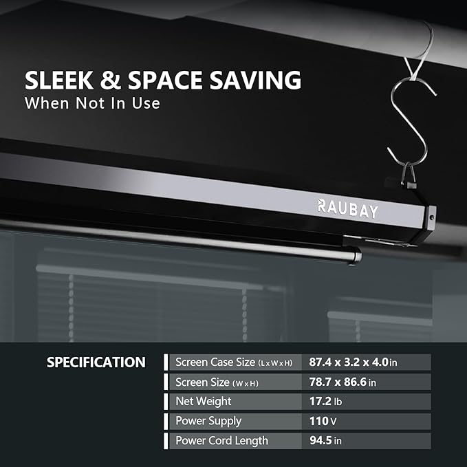 RAUBAY Motorized Pull Down Black Screen Backdrop - 78.7" x 86.6" Collapsible Wall-Mount Background for Professional Video Production, Photography Studio, Video Conferencing and YouTube, TikTok Creator