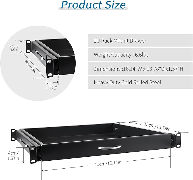 Rack Drawer, Rack Mount Drawer Designed for 19-inch Network Equipment, Servers, AV Racks, or Cabinet Enclosures. Sliding and Lockable Server Rack Drawer Features Cable Management Holes (1U)