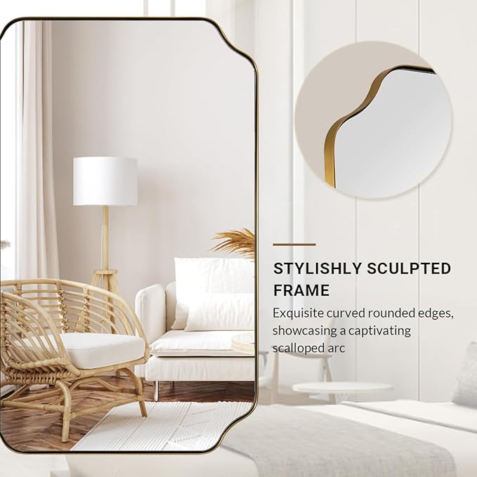 ANDY STAR 20"x30" Brushed Gold Scalloped Mirror, Bathroom Mirror for Over Sink, Antique Champagne Bronze Mirror in Rustproof Stainless Steel Thin Frame, Compact Size Ideal for Small Bathroom Remodel