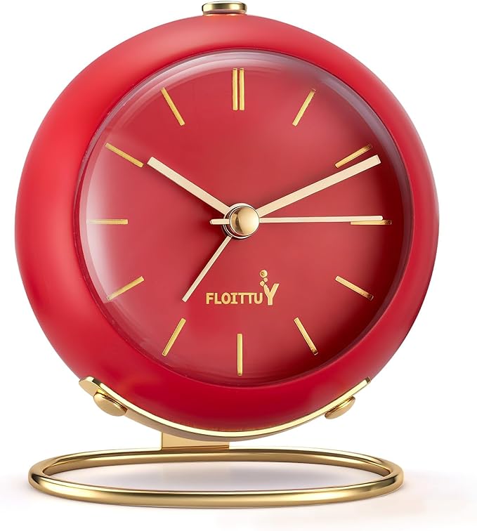 FLOITTUY Silent Table Analog Alarm Clock No Ticking, Lighted on Demand and Battery Operated, Beep Sounds, Small Desk Clock(Tomato Red)