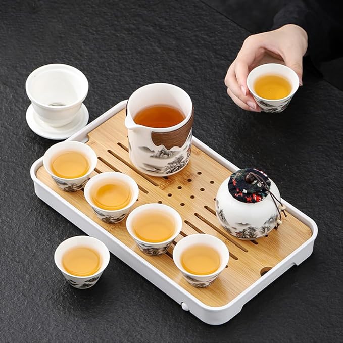 Portable Chinese Kung Fu Tea Set with Removable Infuser - 6 Cup Ceramic Travel Tea Set for Home, Office, or Outdoor Use