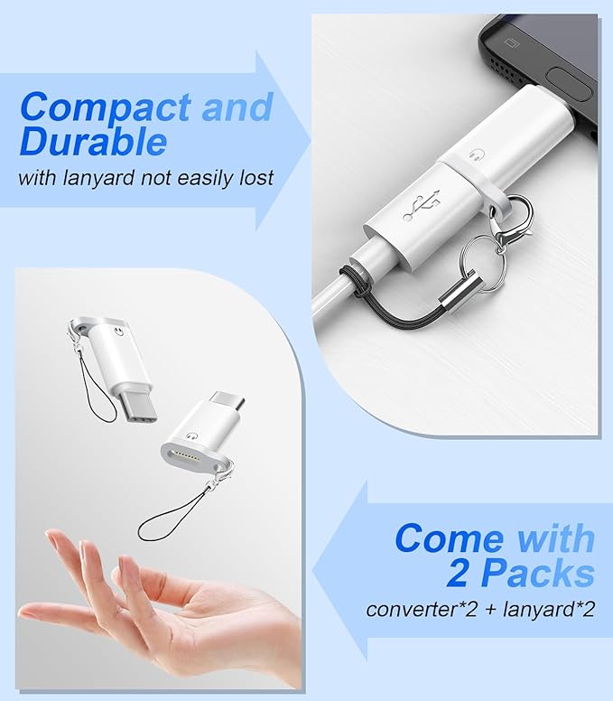 Lightning to USB C Audio Adapter for Heaphones Support Line Control, 2 Packs USBC Male to Lightning Female Earbuds Adapter, Not for Charging/Data Transfer, USB-C for Apple iPhone 17 16 15/iPad