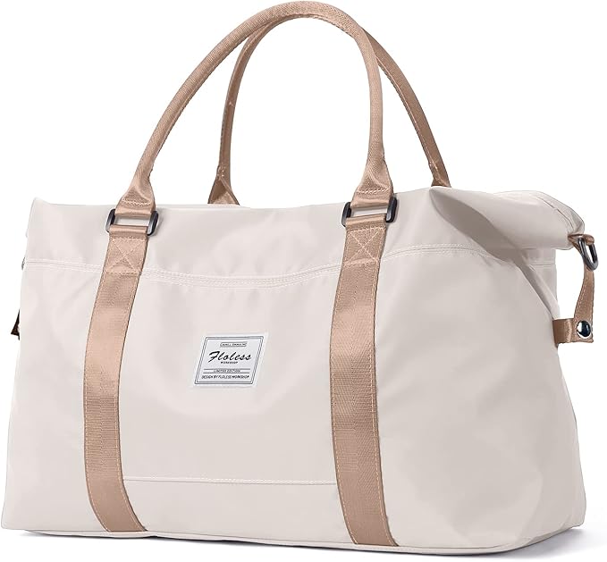 Gym Bag Womens Mens with Wet Pocket, Travel Duffel Bag for Plane, Sport Gym Tote Bags Swimming Yoga, Waterproof Weekend Overnight Carry on Bag Hospital Holdalls，Off White