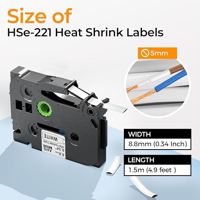 HSe-221 Compatible with Brother Heat Shrink Label HSe221 P Touch Heat Shrink Tubing 8.8mm 0.35'' HSe Wire Cable Labels for Brother PT-E300 E500 P900 P750WVP, 3-Pack, Black on White