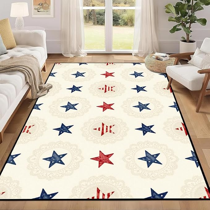 Star Area Rug 4'x6' Vintage Red Blue White Carpet Washable Low Pile Floor Mat Rugs for Bedroom Living Room Nursery Playroom Classroom Home Decor
